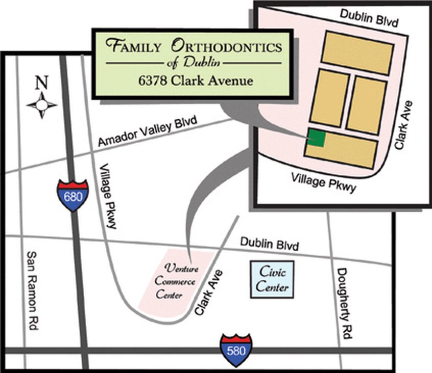 Map showing Family Orthodontics of Dublin at 6378 Clark Avenue near Village Parkway and Dublin Boulevard