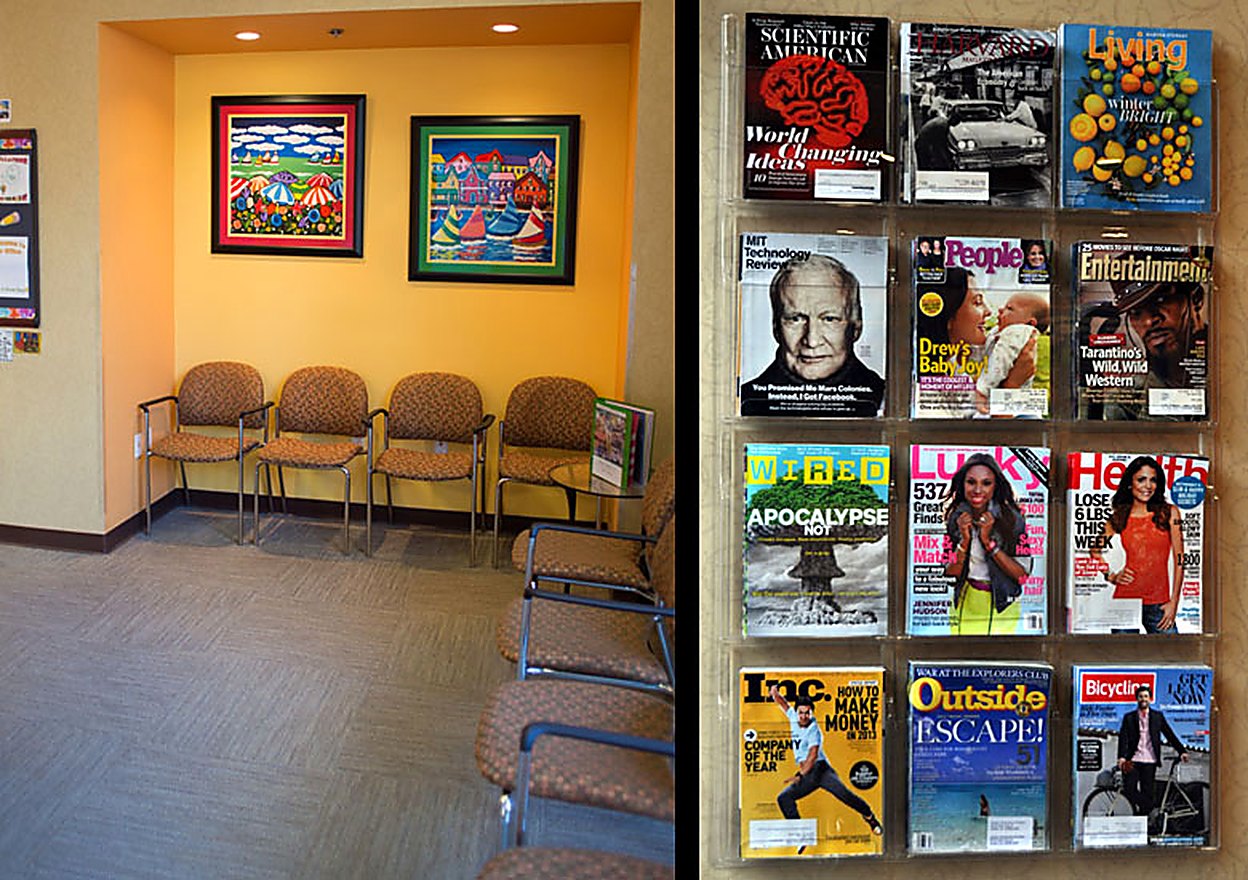 The waiting room with magazine racks and seating